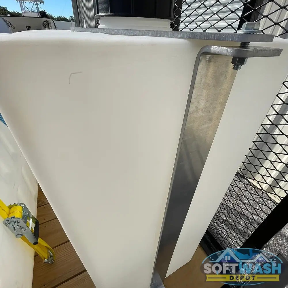 55-gallon vertical tank straps with heavy-duty metal mounting bracket, designed to secure poly tanks for soft wash systems, water storage, and chemical applications. - Soft Wash Depot