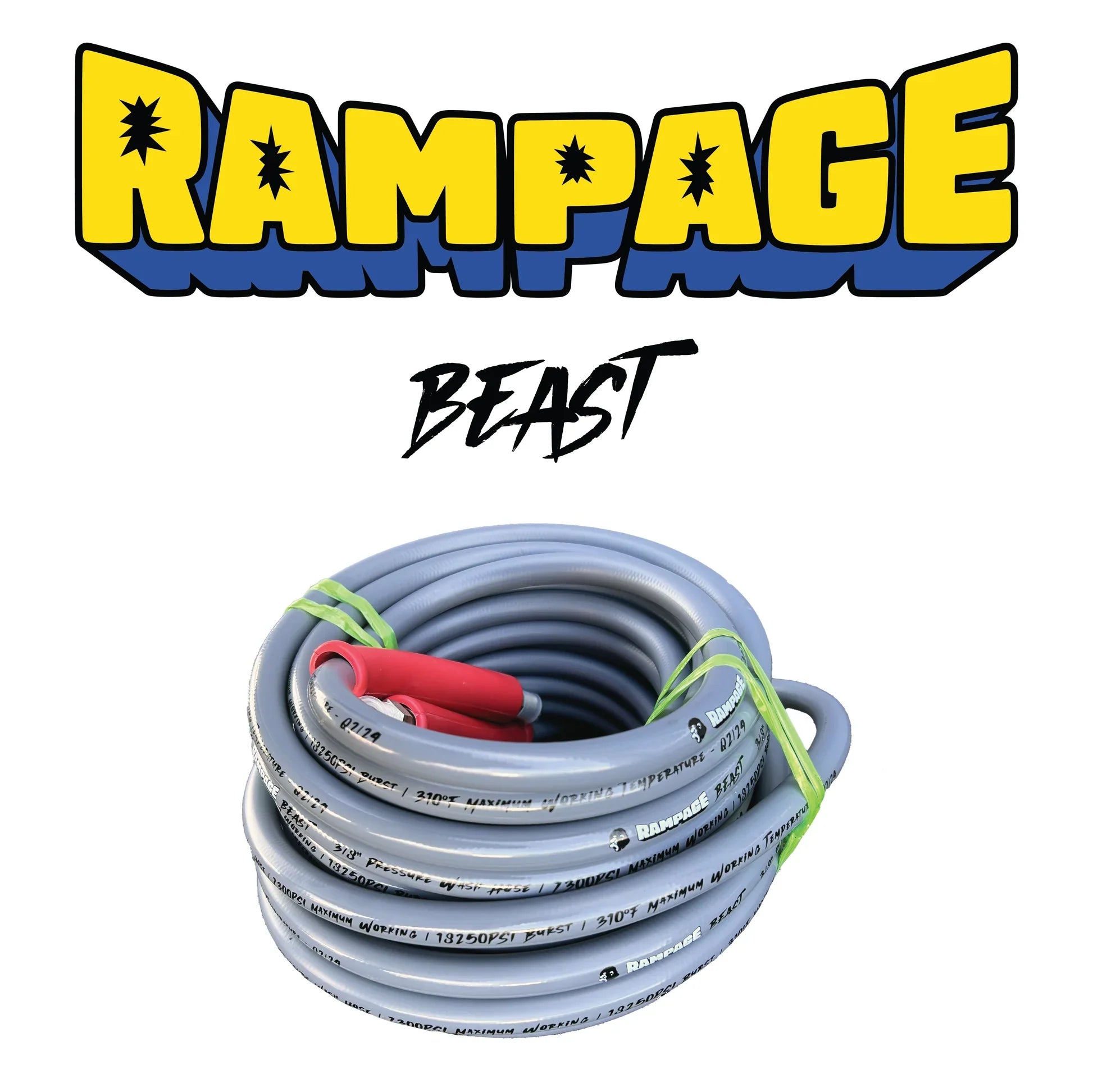 RAMPAGE BEAST 🦍 Smooth Gray 3/8" Double Wire 7300 PSI 310 Degree Pressure Wash Hose